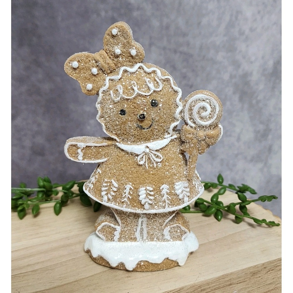 Gingerbread Man Girl Resin Figurine Christmas Tabletop Neutral Decor 6" NEW